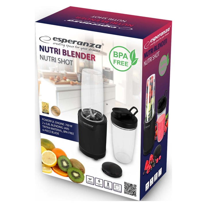 Блендер Esperanza Nutri Shot 6 в 1 700W, 2 чаши 800мл, черен, 36x12,5x12,5см