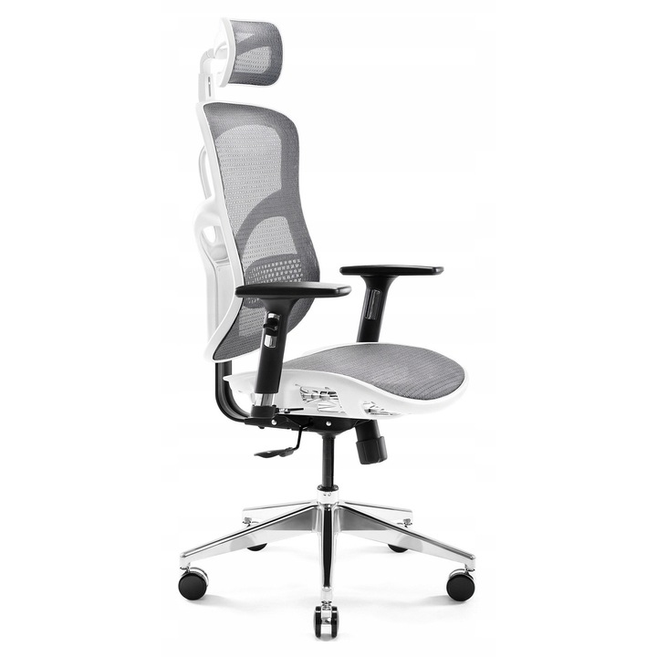 Scaun gaming Diablo Chairs V-Basic, alb-gri, cu suport pentru cap, reglabil