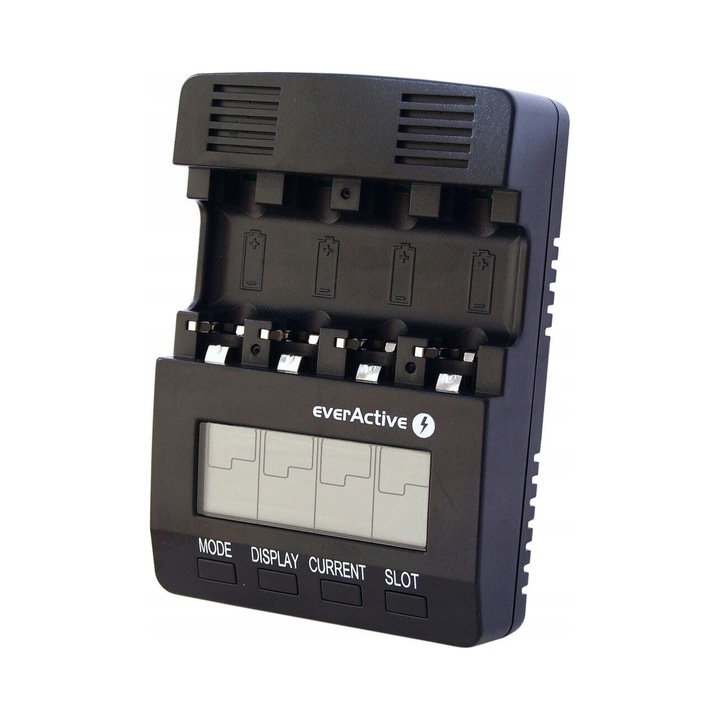 Incarcator baterii Everactive NC-3000, pentru 4 acumulatori AA/AAA, afisaj LCD, test rezistenta interna (Quick test), compatibil Ni-MH/Ni-Cd, Negru