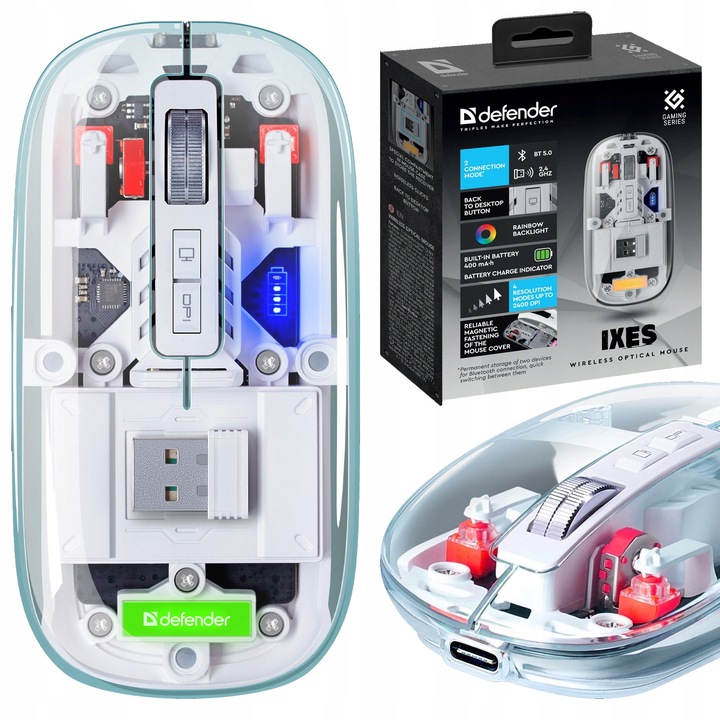Mouse wireless Defender IXES MM-999, 2400 dpi, Bluetooth, transparent, 400 mAh, 10m, USB-C
