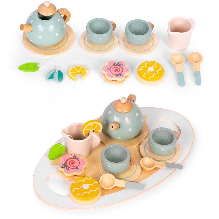 Дървен сервиз за чай, 14 части, за деца, Ecotoys, многоцветен, 30x18x7,5см