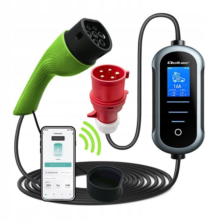 Мобилно зарядно за EV Qoltec Тип 2, 1 контакт, Wi-Fi, LCD, 11kW