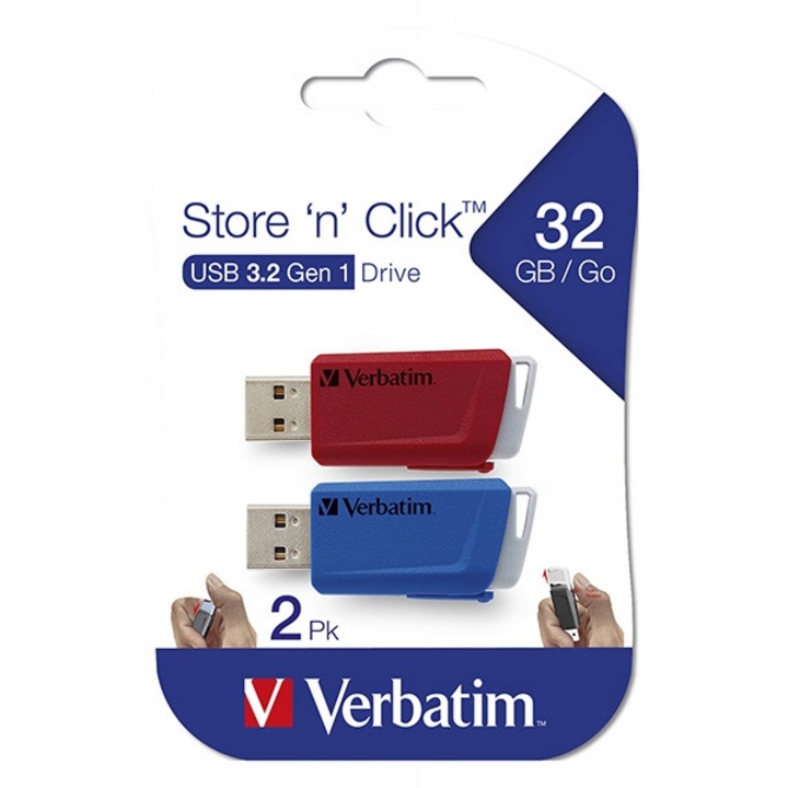 Флашка Verbatim Store 'n' Click 32GB USB 3.2 Gen1, комплект 2 броя, механизъм slide and lock, 53x22x10mm