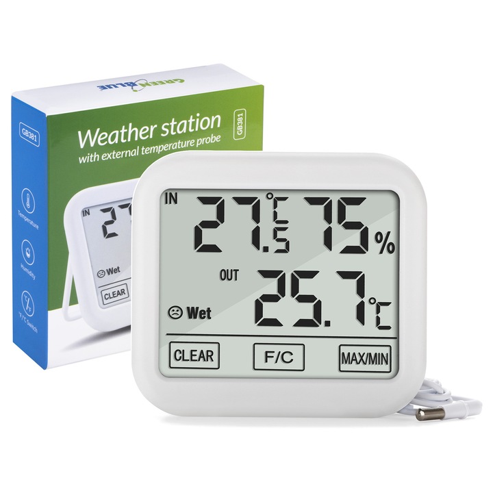 Метеорологична станция GreenBlue GB381, външен сензор 1,5м, температура -10C~50C, влажност 10%~99%, 105x94x25мм