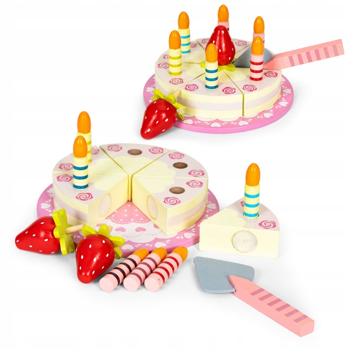 Комплект дървена торта с 16 елемента, Ecotoys, с плодове и свещи, 13x2,5см