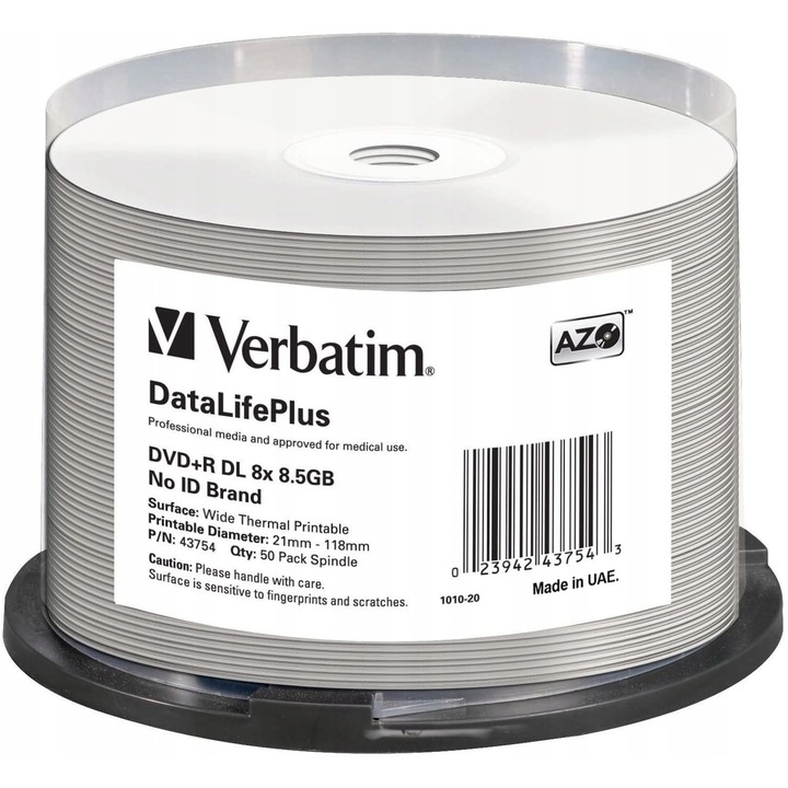 DVD+R DL Verbatim DataLifePlus, 8,5 GB, 8x, термично отпечатваем (Wide Thermal Printable), Spindle, бял, 50 бр