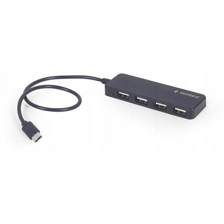 USB Type-C хъб с 4 порта, черен, 101x30x10мм, 0,30м кабел