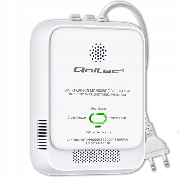 Qoltec szén-monoxid érzékelő, 85dB riasztás, LED, 3 év, fehér