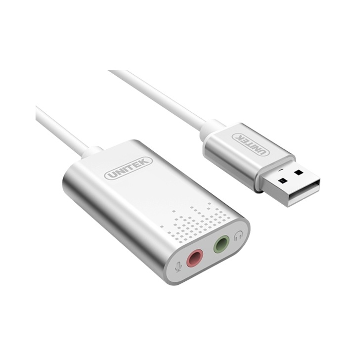USB аудио карта Unitek Y-247A, външен стерео 2.0 аудио адаптер, Plug & Play без драйвери, 2 x 3,5 мм жак (слушалки, микрофон), Сребрист, 47 x 28 мм