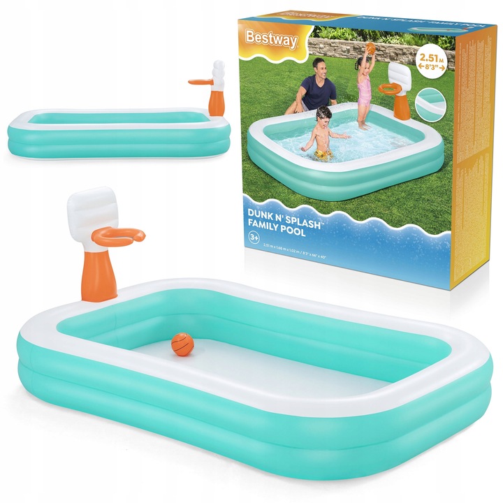Надуваем басейн Dunk 'N Splash, Bestway, 2,51x1,68x1,02м, синьо-бял, капацитет 636 литра, за деца над 3 години