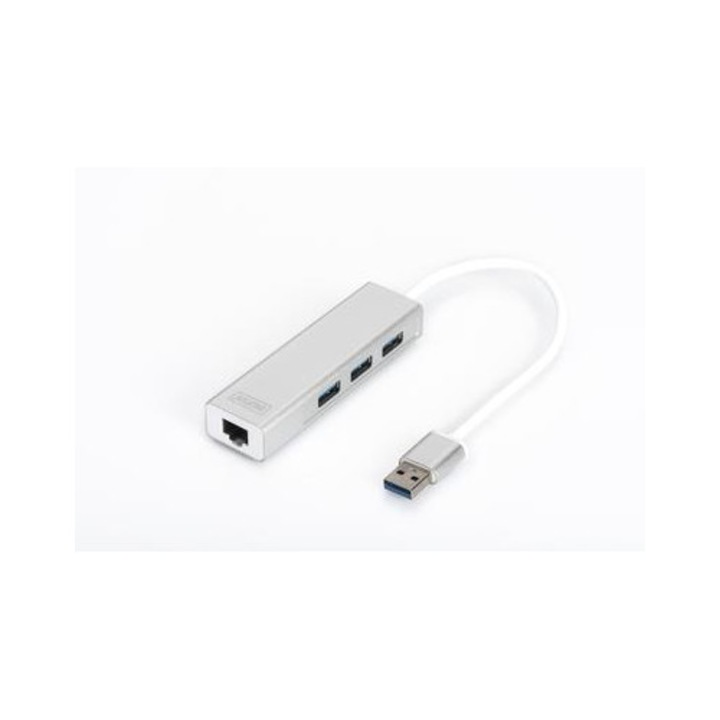 Hub USB/USB elosztó Digitus DA-70250-1, 3 db USB 3.0 SuperSpeed port, Gigabit LAN 10/100/1000 Mbps adapter, plug & play, fehér