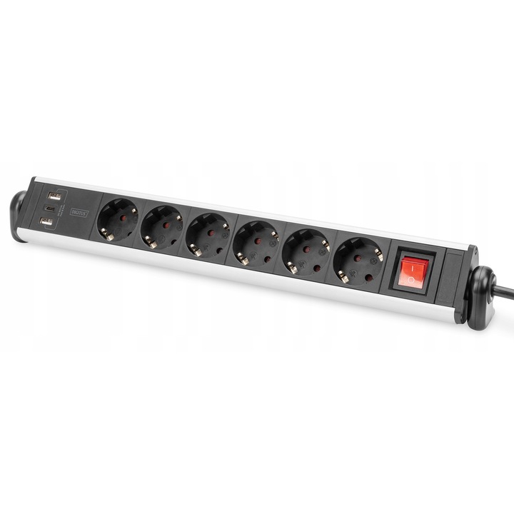 Digitus asztali elosztó 6 aljzat 3 USB ezüst-fekete 44x4.5x7cm