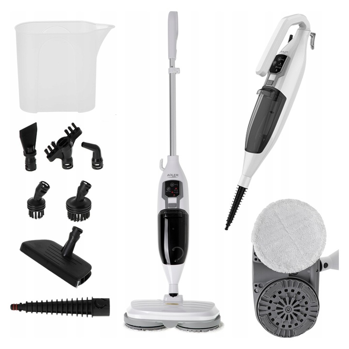 Mop cu aburi ADLER, curatator cu aburi, 3 trepte de putere, rezervor 550 ml, putere 1300 W, cap rotativ, 2 moduri de lucru (mop si curatator manual), cablu 5 m, Alb