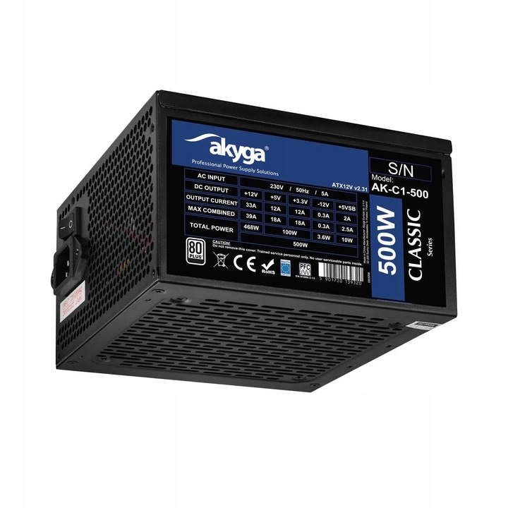 Sursa alimentare ATX Akyga AK-C1-500, 500 W reala, 80 PLUS, APFC, 2x PCI-E 6+2 pin, 4x SATA, 2x Molex, cabluri plate, Negru