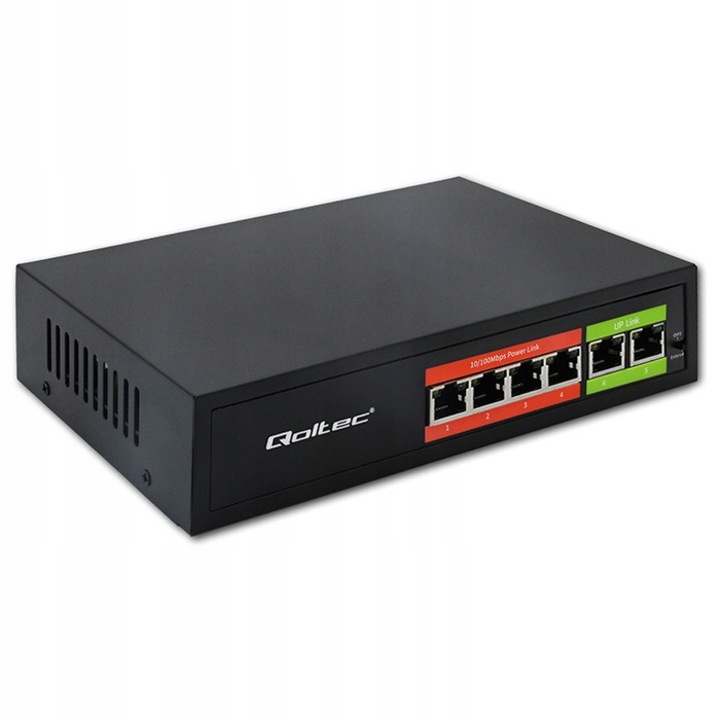 Qoltec Fast Ethernet PoE Switch, 4x RJ45, 2x RJ45 Uplink, 65W, 10/100Mb/s