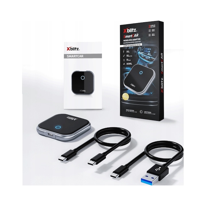 Vezeték nélküli CarPlay/Android Auto adapter Xblitz SmartCAR, 2 kábel mellékelve, 59x59x9mm, széleskörű kompatibilitás