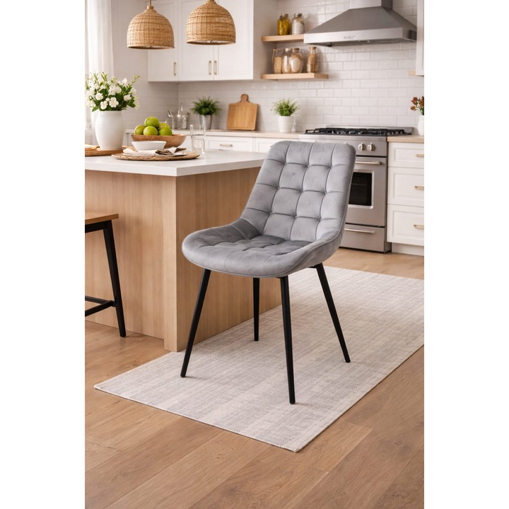 Kárpitozott étkezőszék, világosszürke, modern design, fekete fém lábak