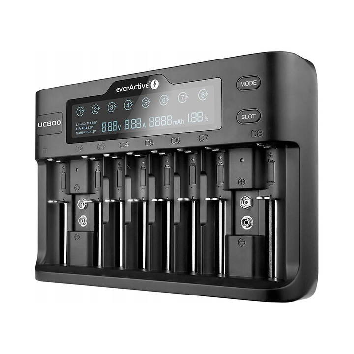 Everactive UC-8 hengeres Li-ion és Ni-MH akkumulátortöltő, maximális kompatibilitás, 76mm