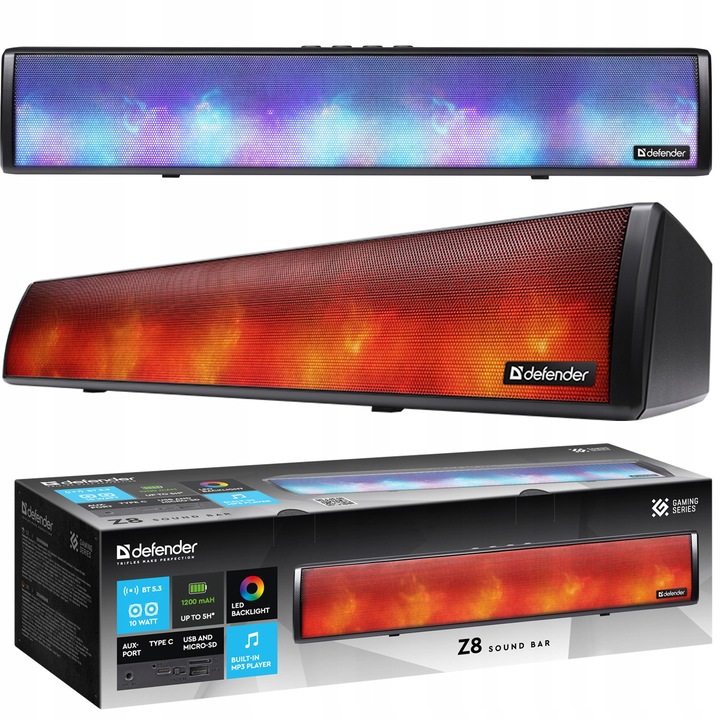 Саундбар Defender Z8, 10W, Bluetooth 5.3, LED, 8.80x7.20x40см, Черен