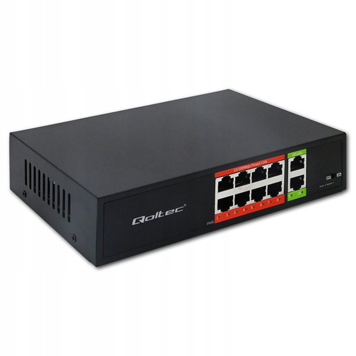 Switch PoE Qoltec Fast Ethernet 8x RJ45 10/100 Mb/s, 2x RJ45 uplink, putere totala 120W, negru