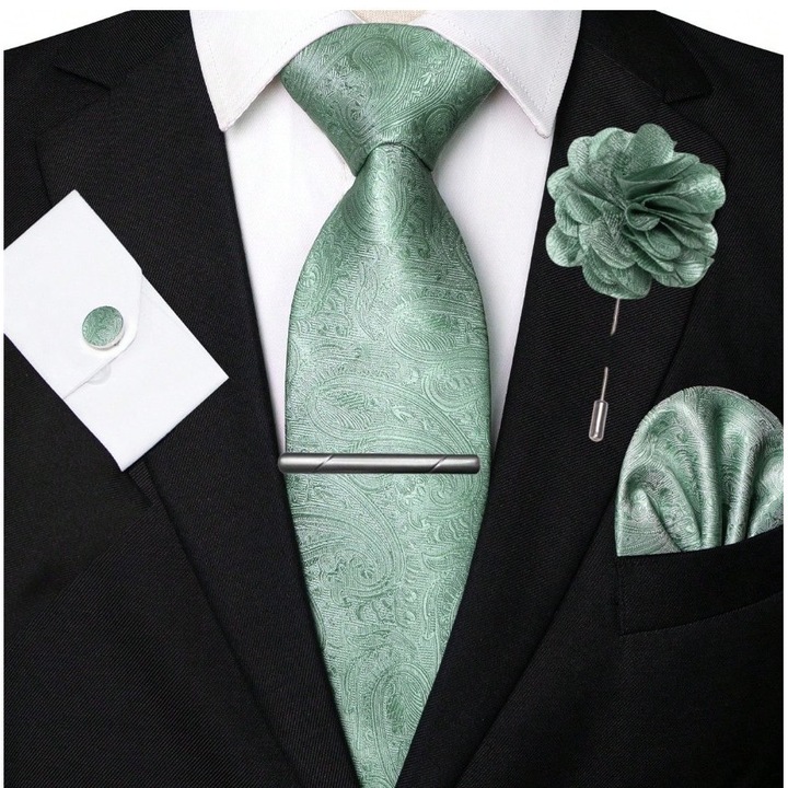 Set cravata barbati 5 piese, model abstract, satin tip matase, cu ac de cravata argintiu, batista, butoni si ac rever, ideal cadou, business si evenimente elegante, culoarea verde deschis