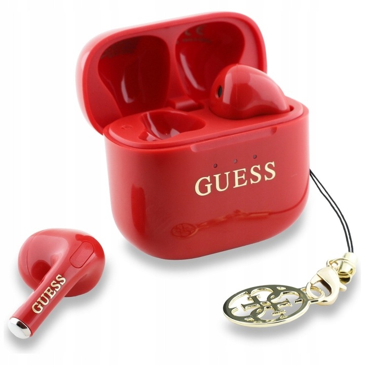 Guess vezeték nélküli fülhallgató, TWS, fényes hatású, piros, Bluetooth 5.4, IPX5