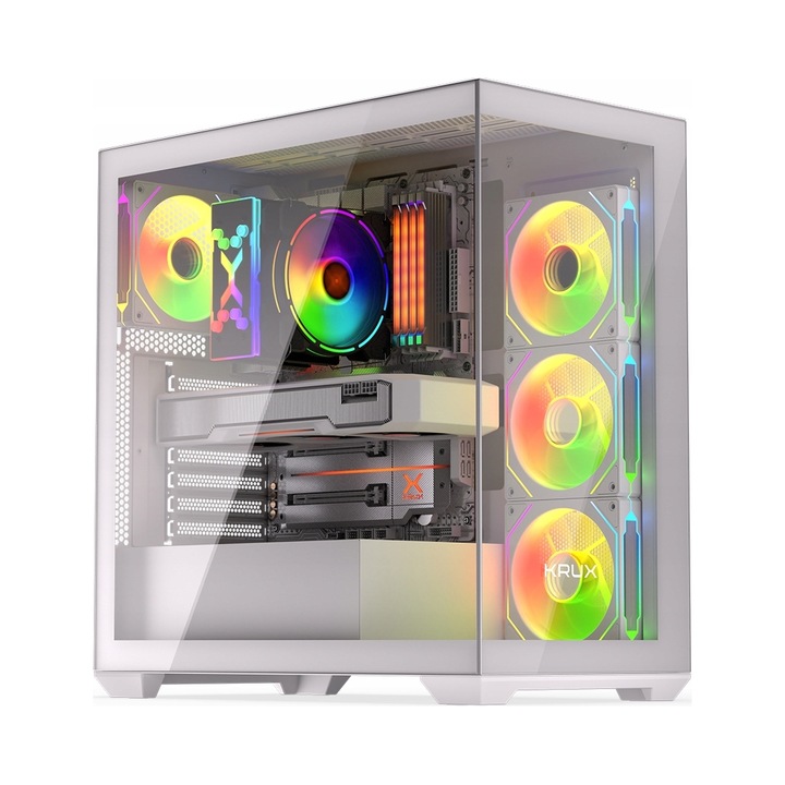 Carcasa Krux Exo, alb, ATX, cu panou din sticla, 3 ventilatoare ARGB 120 mm, 453x235x450 mm