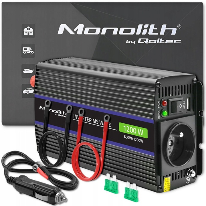 Qoltec Monolith 1200 MS Wave feszültségátalakító | 12V-ról 230V-ra | 600/1200