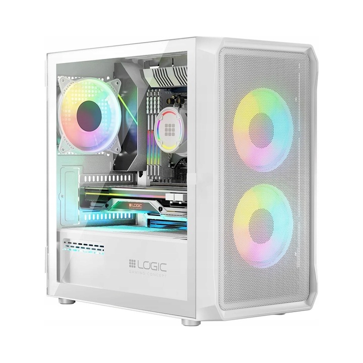 Кутия Logic Portos ARGB Mini, бяла, Micro ATX, 3 ARGB вентилатора, 350x200x375mm
