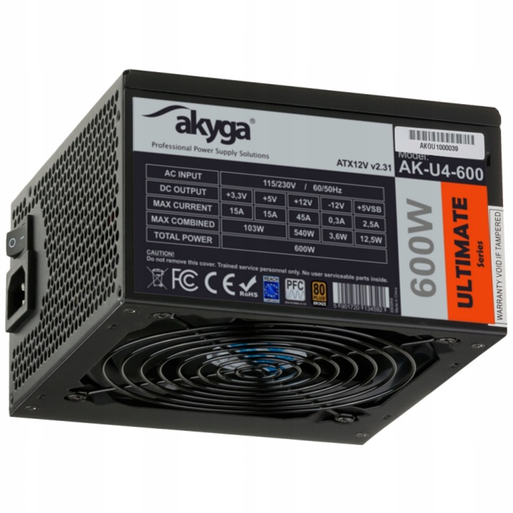 PC tápegység Akyga 600W ATX, 80+ Bronze, 12cm ventilátor, 6xSATA, 140x150x85mm