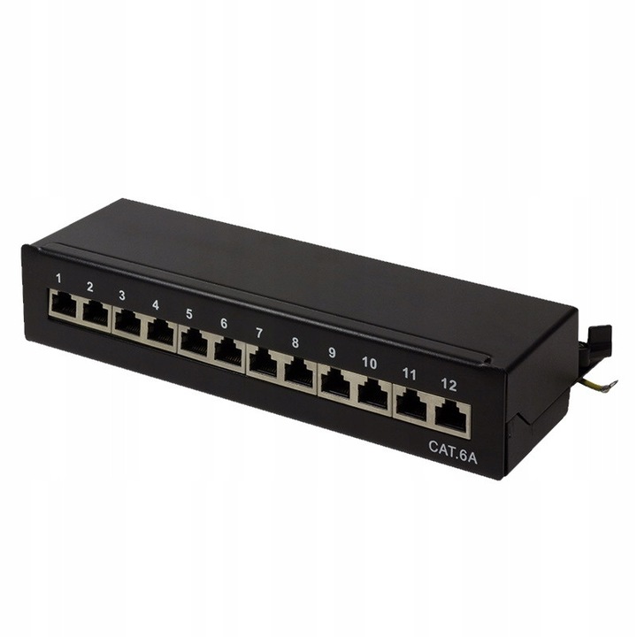 Patch panel, 12 portos RJ45, kategória 6A, fekete, 0U méret