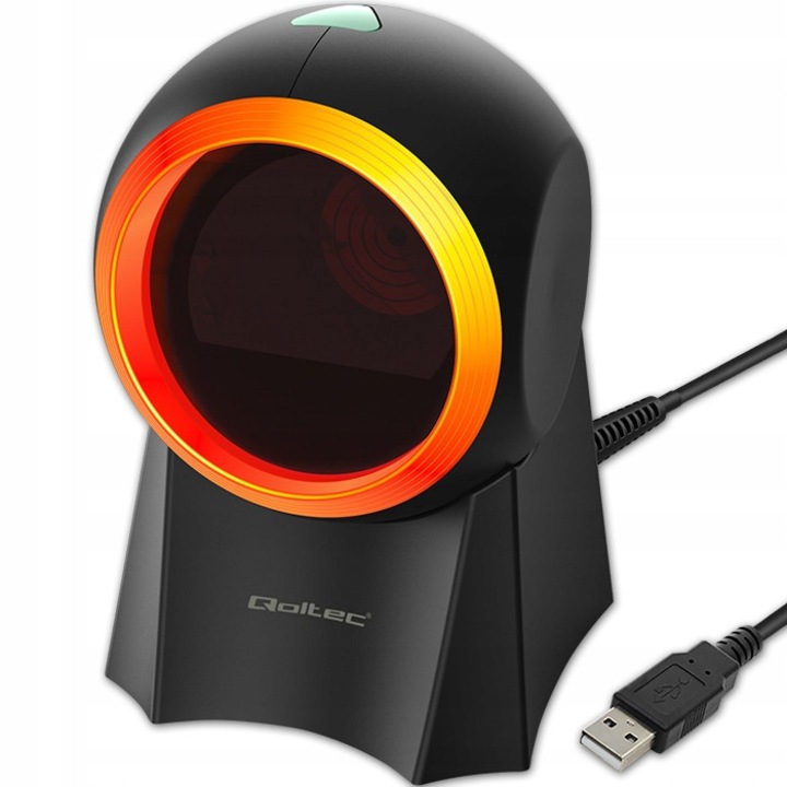 Cititor stationar coduri de bare Qoltec 1D/2D, QR, USB Plug&Play, 100 scanari/s, Laser 5 mil, Negru/oranj, 1 buc