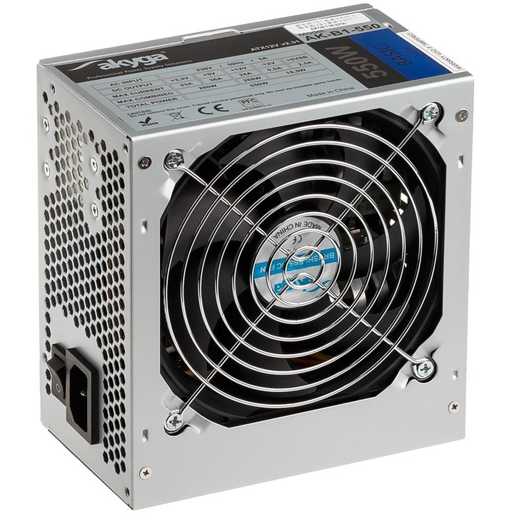 Akyga 550W PC tápegység, 1 db 12cm ventilátor, 3xSATA, P4, méretek 140x150x85mm