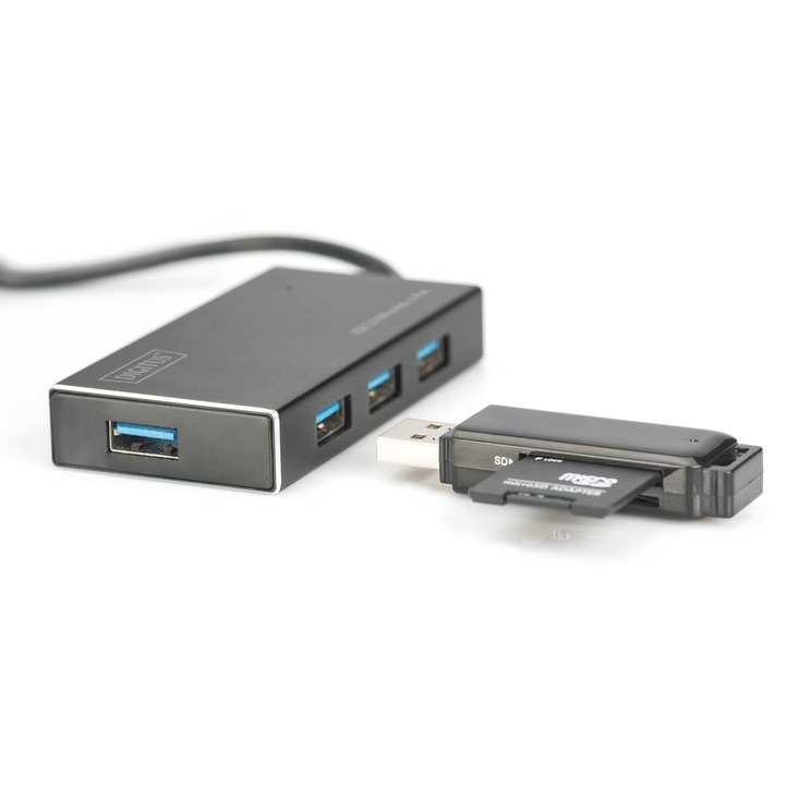 Digitus 4-portos USB 3.0 SuperSpeed USB elosztó, aktív, alumínium, 5V/2A tápegységgel és 80 cm kábellel, fekete, 1 db