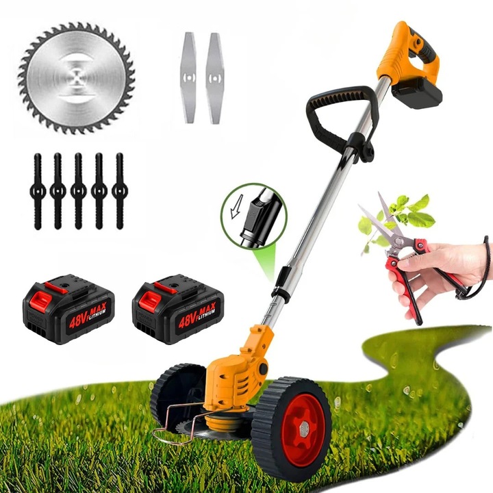 Motocoasa Electrica cu Acumulator DMV Solux 48V, Set Complet cu 2 Baterii Incluse, Putere 18000 RPM, 3 Tipuri de Taiere cu Disc Circular, Lama Metalica si Plastic, Tija Telescopica, Ultra-Usoara 2kg, Portabila, Pentru Gazon, Buruieni
