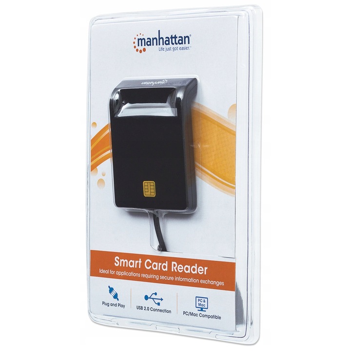 Cititor carduri Smart Manhattan USB 2.0, cu conector USB-A, cablu 105 cm, Plug and Play, negru, 1 buc.