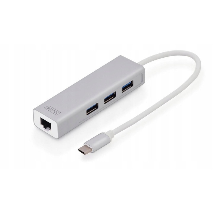 Hub Digitus 3 portos USB C A Gigabit LAN ezüst 95x27x16mm