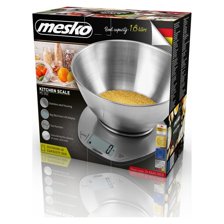 Cantar de bucatarie Mesko MS 3152 inox 5kg 1,8l