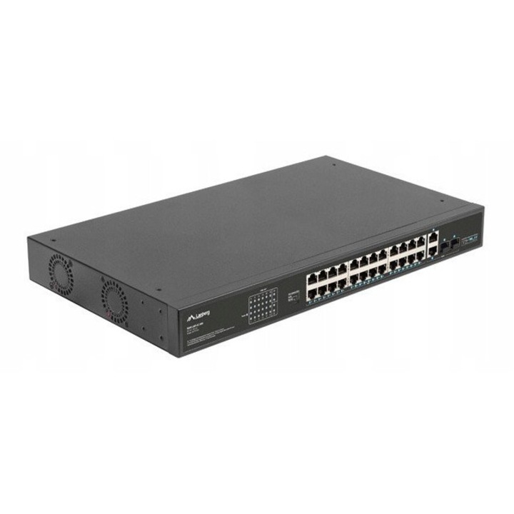 Switch neadministrat Lanberg RSFE-24P-2C-360, 24 porturi 100 Mb/s PoE+ (buget 360 W), 2x combo Gigabit uplink, functie Extend 250 m, protectie 6 kV, Rack 19", Negru, 1 buc