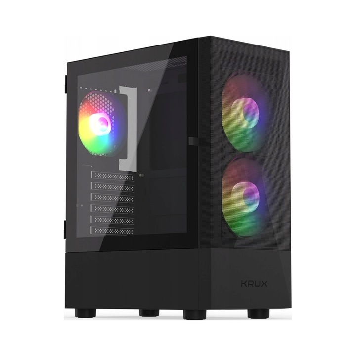 Кутия Krux Vako RGB Midi Tower, 2 вентилатора 140мм, 1 вентилатор 120мм, стъкло, черна, 439x215x375мм