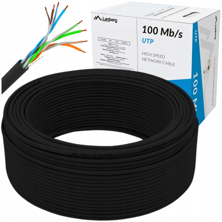 Lanberg UTP kábel 100m, 5e kategória, fekete, 100Mb/s