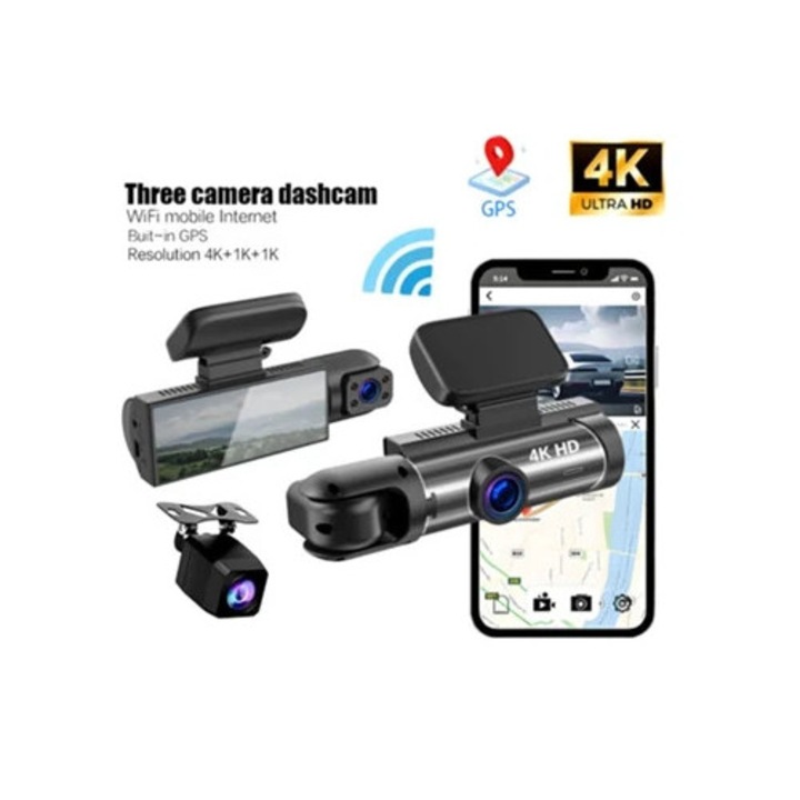 Camera auto DVR M8, inregistrare 4K 1080p fata, 1080p spate, set cu trei curele GPS Wifi