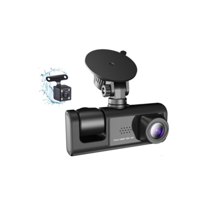 Camera auto DVR cu 3 camere, inregistrare video, oglinda retrovizoare, neagra