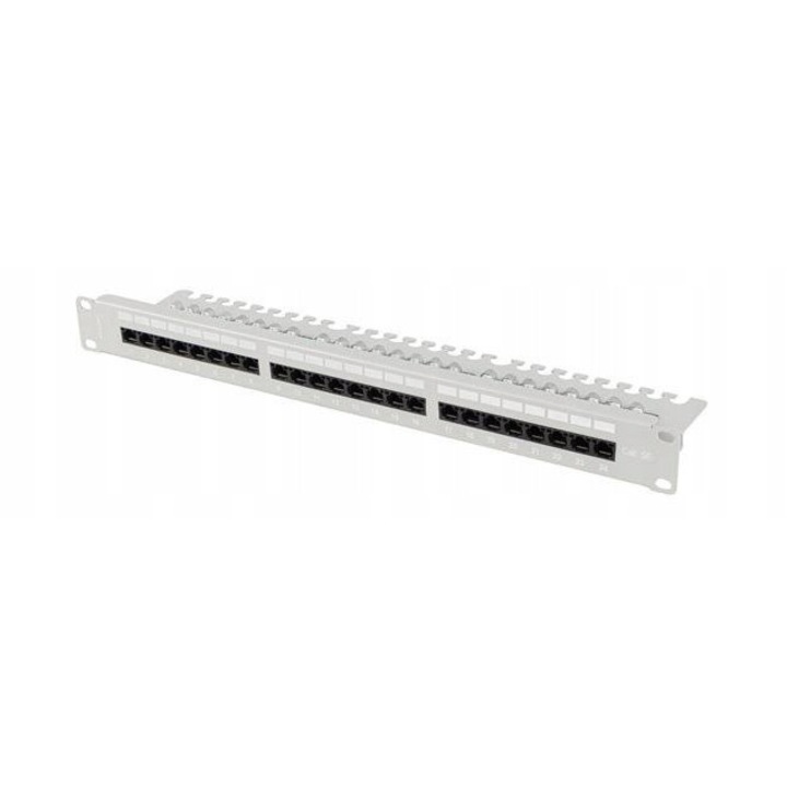 Patch panel 24 portos 1U 19" Kat.5e UTP rendezővel, szürke, 98x482.6x44.45mm