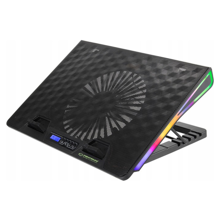 Охлаждаща подложка за лаптоп Esperanza Alize, RGB LED осветление 7 режима, безшумен вентилатор 600-800 rpm, въздушен поток 76 CFM, LCD, 6 скорости, 5 ъгъла на наклон, Черен, 400x288x36 мм, 1 бр