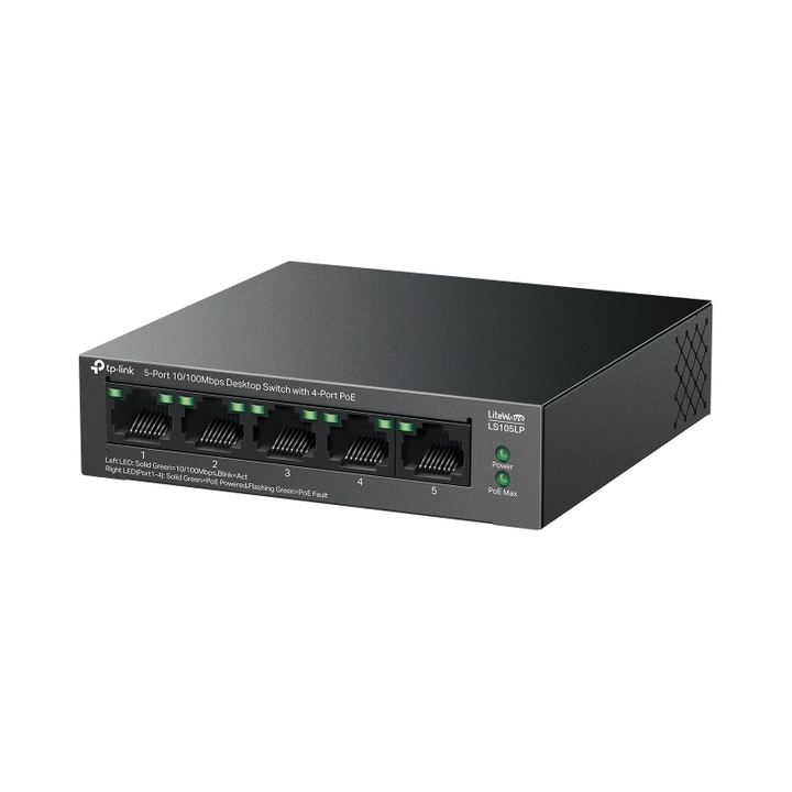 Суич TP-Link LS105P, 5 порта Fast Ethernet PoE, черен, 100x25x98мм