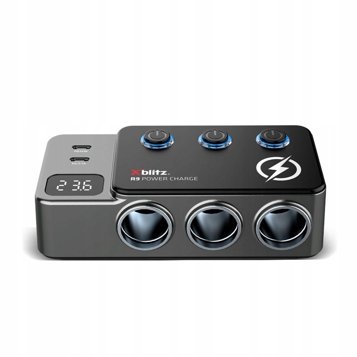 Xblitz R9 Power Charge autós elosztó, 3 szivargyújtó aljzat független gombokkal, 5 USB port (PD35W + QC3.0), fekete/szürke, 1 db