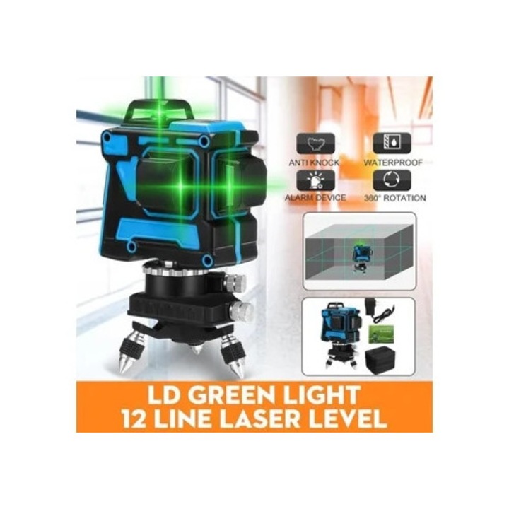 Nivel laser 3D 12 linii, tripied, albastru, precizie ridicata