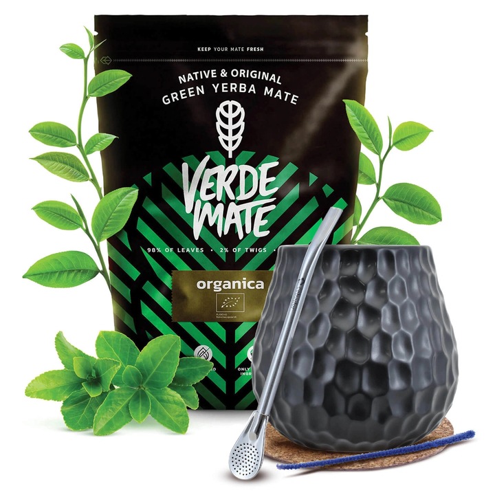Tea Yerba Mate, Készlet, Bio, Verde Mate Green Organica, 400g, Nagy Kerámia Bögre 400ml Lépszerkezet, Rozsdamentes Acél Bombilla, Tisztító kefe, Parafa Alátét, Ökológiai, Bio Tanúsítvány, Energia, Frissítő, Természetes Yerba, Ajándék