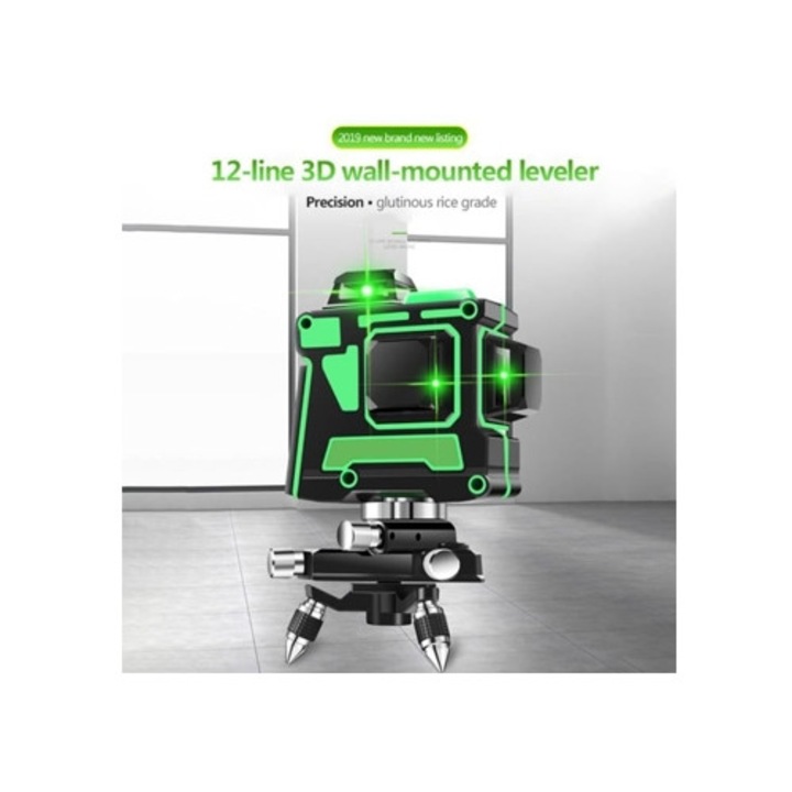Nivel laser verde rotativ 3D 12 linii 360, unelte de masura, cu trepied